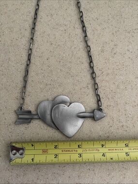 Metal double heart plaque chain necklace Appox 20 in w extndr Excellent cond.